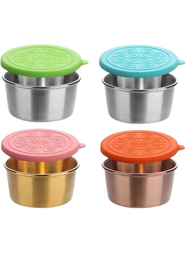 THE WHITE SHOP Salad Dressing Container To Go, 2.2oz Stainless Steel Small Condiment Containers with Lids for Lunch Bento Box, Premium Silicone, Leakproof, Reusable Sauce Cups for Picnic