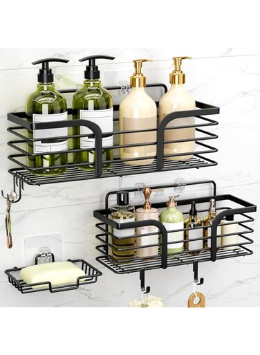 THE WHITE SHOP Shower Caddy, Adhesive Shower Organizer with Soap Dish and 4 Hooks, Rustproof Stainless Steel Shower Shelves, Wall Mounted No Drilling Storage Shelf Basket Accessories for Bathroom &amp; Ki
