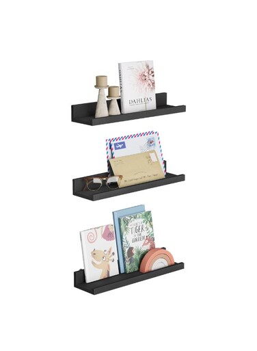 Floating Shelves, Set of 3 Wall Shelves, for Photo Frames and Trinkets, for Living Room, Home Office, Kitchen, Bathroom, Black