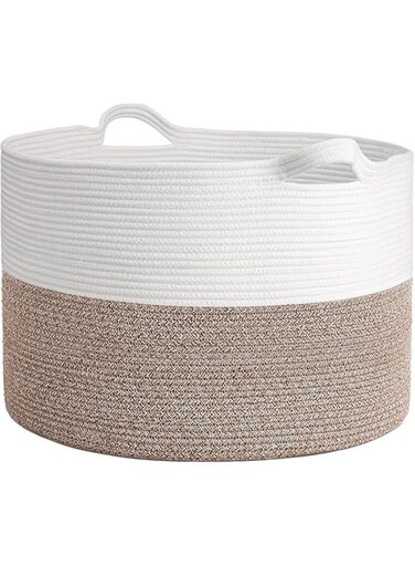 OFRANK XXXLarge Cotton Rope Basket 55 x 55 x 35cm Woven Baby Laundry Basket for Blankets Toys Storage Basket with Handle Comforter Cushions Storage Bins Thread Hamper (White &amp; Brown)