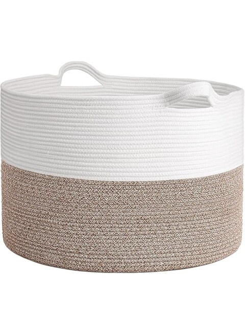 OFRANK XXXLarge Cotton Rope Basket 55 x 55 x 35cm Woven Baby Laundry Basket for Blankets Toys Storage Basket with Handle Comforter Cushions Storage Bins Thread Hamper (White &amp; Brown)