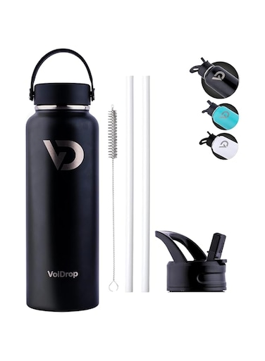 Insulated Water Bottle Stainless Steel 1200 ML 304-Double Wall-Sports Water Bottle-Wide Mouth Double Wall Thermos-Kids,Gym,Office Bottles,2 Straws &amp; 1 Brush- (BLACK-1200ML)