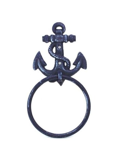 Handcrafted Nautical Decor Rustic Dark Blue Cast Iron Anchor Towel Holder 8.5" - Cast Iron Decoration - an