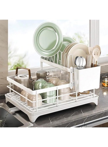 Dish Drying Rack with Drainboard, Stainless Steel Dish Rack for Kitchen Counter, Detachable Dish Drainer, 2-Tier Kitchen Organizers and Storage Rack with Cutlery Holder, 11''W x 15.3''L
