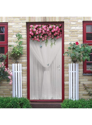 bpa 3D Stickers Waterproof Door Stickers Door Mural Self Adhesive Wallpaper PVC Sticker Removable Wall Decal for Home Office Decoration White Curtain and Pink Flowers Pattern 30.3" W 78.7" H