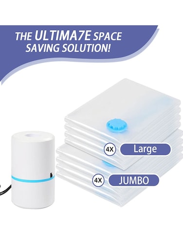 Arabest Vacuum Storage Bags, Electric Pump, 15 Pack Space Saving Bags (4 Large/4 Medium) Compression Storage Bags for Clothes Storage
