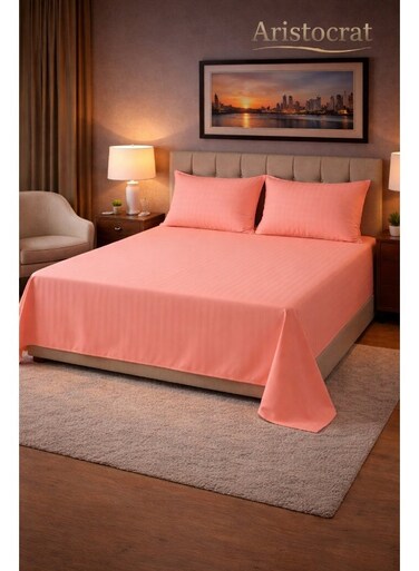3&acirc;&euro;&lsquo;Piece Striped Microfiber Flat Bed Sheet Set Super King 240x260cm &acirc;&euro;&ldquo; Soft Breathable Flat Sheet with 2 Pillowcases 50x70cm, Peach Microfiber Peach 240x260cm