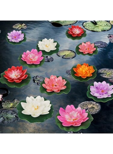 Happy Trees 12 Pcs Artificial Floating Foam Lotus Flower with Water Lily Pad, Lifelike Ornanment Perfect for Home Garden Pond Decoration