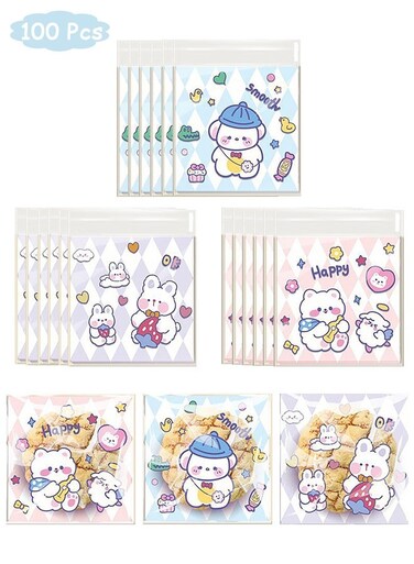 100 Pcs Cute Resealable Cartoon Plastic Food Bags, Self-Sealing Cute Little Bear Bunny Cookie Bags, Resealable Cookie Snack Cellophane Bags, Plastic Bags for Baking Cookies and Candies