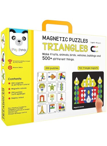 PLAY PANDA Magnetic Puzzles : Triangles - Includes 400 Magnets, 200 Puzzles, Board, Display Stand For Boys And Girls