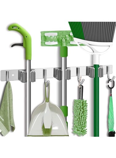 TNTAIAHL Broom and Mop Holder Wall Mount, Stainless Steel Broom Organizer Wall Mounted 3 Racks 4 Hooks Heavy Duty Storage Organizer Hanger for Bathroom Kitchen Office Closet Garden