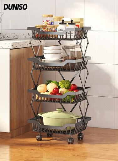 4-Tier Large Capacity Metal Wire Fruit And Vegetable Storage Basket with Wheels,Foldable Shelves Organizer For Kitchen &iuml;&frac14;&OElig;Basement and Pantry&iuml;&frac14;&OElig;No Assembly Required Storage Rack(Black)