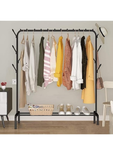 Verreal Wardrobe Hanger Drying Rack Metal Garment Racks Bedroom Hangers Clothes Rack Retail Display Clothing Racks with Top Rod and Lower Storage Shelf Hooks for Hats and Bags