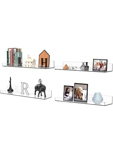 Acrylic Shelves Shelf for Wall Storage Organizer, 4 Pack, 15" Long Plastic Clear Wall-Mounted Floating Shelves, Bookshelf, Toys Figure Display Shelf, for Bedroom, Bathroom, Kids Room-Easy to Mount