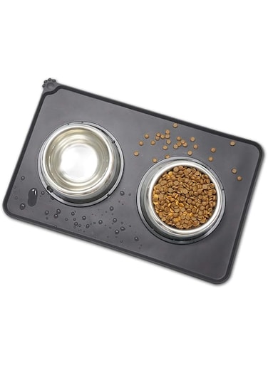 Kalevel Silicone Dog Cat Bowl Mat Non Slip Waterproof Pet Food Mat Tray Placemat with Raised Edges for Floor Medium Black