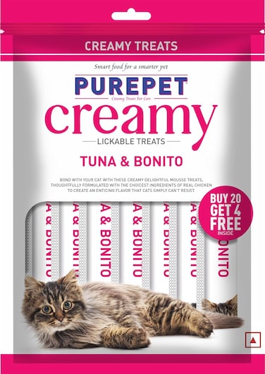 Purepet Creamy Lickable Cat Treats,Tuna &amp; Bonito 360Gm(15g x24 Pcs)  Rich In Protein,Taurine For Heart &amp; Vision,Ideal For Training And Bonding, Promotes Hydration  Treats For Kitten And Adult Cats