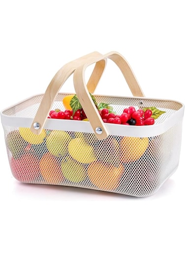 ULINEN Mesh Storage Basket with Handle, Portable Garden Harvest Basket Fruit Basket, Functional Mesh Basket for Kitchen Cabinet Picnic Fruit Vegetable Gathering Organizer (White)