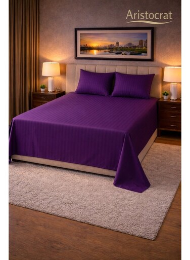 3&acirc;&euro;&lsquo;Piece Striped Microfiber Flat Bed Sheet Set, suitable for Queen and King sizes, 220x240cm &acirc;&euro;&ldquo; Soft Breathable Flat Sheet with 2 Pillowcases 50x70cm, Purple Microfiber Purple 220x240cm