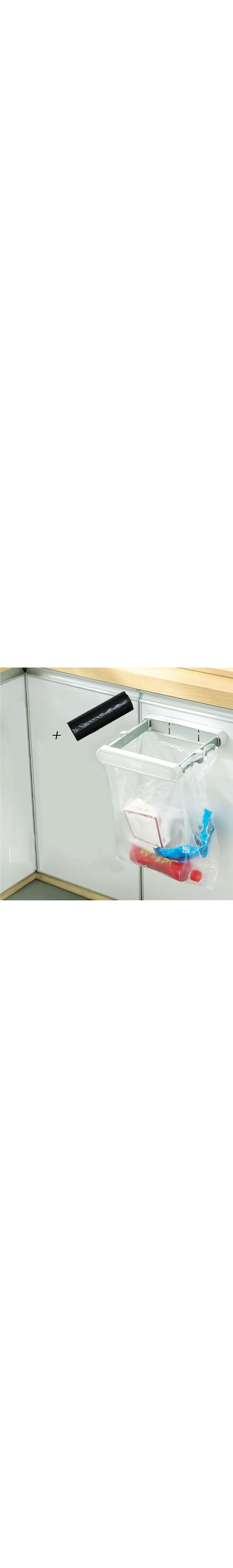 Foldable Hanging Trash Bag Holder, One Button to Fold Garbage Bag Holder with A Roll of Garbage Bag, Over the Cabinet Trash Can Wall Mounted Garbage Bag Holder (White)