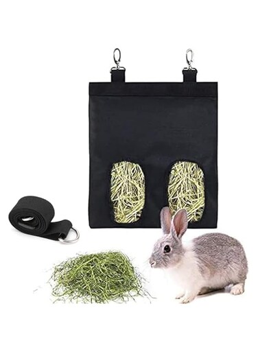 NeoStyle Rabbit Hay Feeder Bag, Guinea Pig Feeder Storage Bag, Rabbit Hay Bag, Guinea Pig Feeder, Small Animal Hanging Hay Feeder Storage Bag (S (2 holes), black)