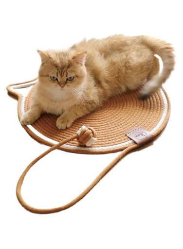 Tyasdery Woven Cotton String Cat Scratch Mat with Toy Ball, Pet Bed Mat for Cat Dog，All-Season Application (Brown Cat Scratcher Mat with toy ball)