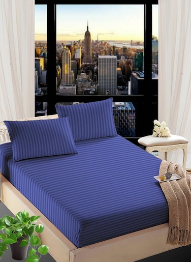 Navy Blue Queen Size Striped Bed Sheet Set Cotton 180x200+25cm