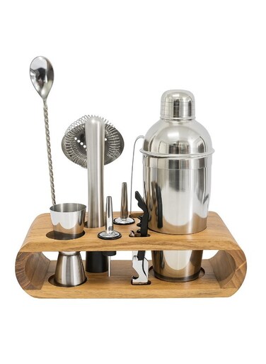 East 10-Piece Stainless Steel Bar Stylish Tool Set with Acacia Wood stand- Perfect Home Bartending Kit and Martini Cocktail Shaker Set For an Awesome Drink Mixing Experience