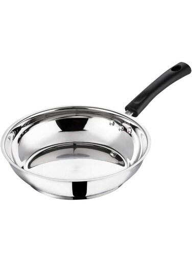 Stainless Steel Frypan 24 cm Diameter, Induction and Gas Stove Friendly, Sturdy Riveted Virgin Bakelite Handles, 2 Years Warranty, Silver
