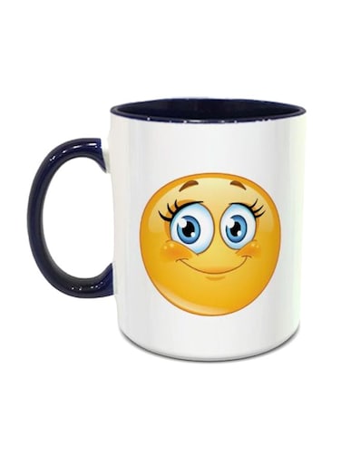 Cute Smiley Printed Coffee Mug With Heart Shaped Handle White/Yellow/Navy Blue