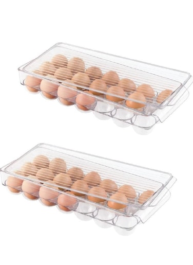 Plastic Egg Holder for Refrigerator with Handle and Lid, Fridge Storage Organizer for Kitchen, Holds up to 21 Eggs, 14.57x6.25x3 Inches Clear Set of 2