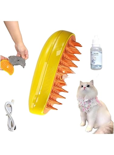 RedAeL Steamy Cat Brush - 3 In1 Cat Steam Brush,Cat Spray Massage Comb,Pet Hair Cleaner Brush,Rechargeable Cat Slicker Brush With Liquid Inlet,Eliminate Flying Hair And Tangled Hair (Yellow+Essence)