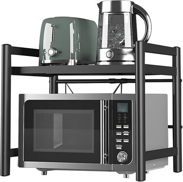 Microwave Oven Rack,Expandable Horizontal Extension Microwave Shelf Toaster Oven Stand Rice Cooker Stand Kitchen Counter Top Organizer 2-tier with 6 Hooks (BLACK)