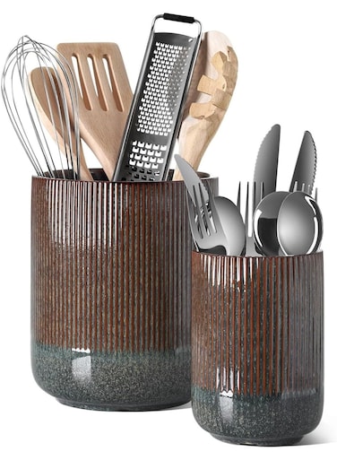 Utensil Holder, 7.3"+5.4" Ceramic Kitchen Utensil Holder for Countertop, Large Cooking Utensil Crocks for Kitchen Counter, Utensil Organizer for Spatula, Set of 2(Brown)