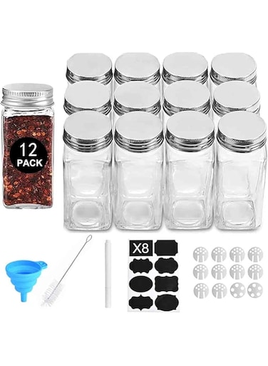 RUQIWEMI Glass Spice Jars Bottles, 12Pcs 120ml/4oz Empty Square Spice Containers with Spice Labels, Shaker Lids and Metal Caps, Silicone Funnel, SpongeBrush,Whiteboard Pen (120 ml, 12 PCS Square)