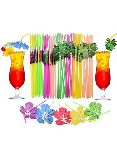 KWSLIN 100 Pack Drinking Straws, Coconut Tree Drinking Straws and Flower Umbrella Straws, Tropical Luau Party Straws for Hawaiian Beach Birthday Pool Party Juice Milkshake Drink Decorations