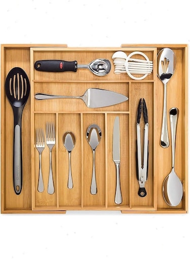 Cutlery Organizer, Bamboo Silverware Organizer, Expandable Cutlery Tray, Utensil Drawer Organizer in Kitchen for Spoons Forks Knives, Multipurpose Use, Natural, Large