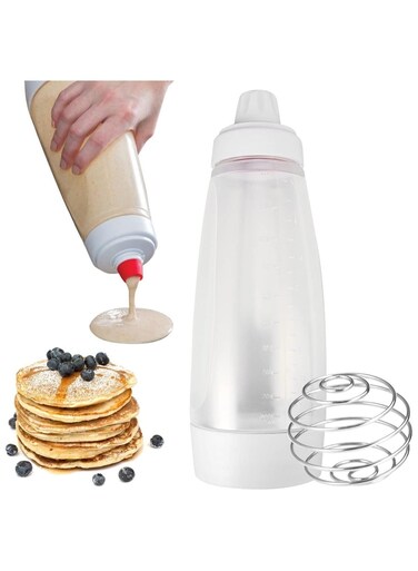 Hand Pancake Batter Dispenser with Wire Whisk 1000 ml Batter Mixer Squeeze Bottle Shaker for Cupcake Pancake Crepe Batter Muffins