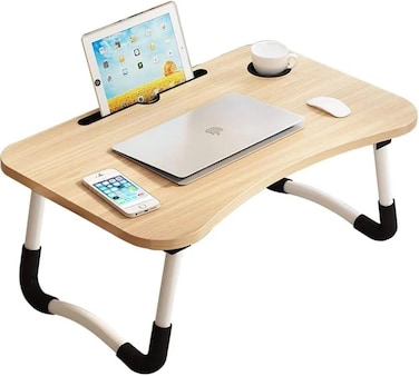 LVISH Foldable Laptop Desk Brown 60x40x28cm for Bed with iPad Slot &amp; Cup Holder &ndash; Adjustable Lap Tray, Non-Slip Legs, Portable Table for Work, Study &amp; Reading