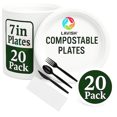 LAVISH Biodegradable 7-Inch Bagasse Plates with Plastic Cutlery   20-Pack Eco-Friendly Disposable Dinnerware Set for Hot &amp; Cold Food