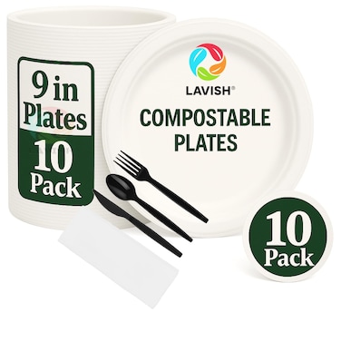 LAVISH Biodegradable -9 Inch Bagasse Plates with Plastic Cutlery   10-Pack Eco-Friendly Disposable Dinnerware Set for Hot &amp; Cold Food
