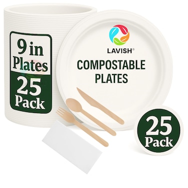 LAVISH Biodegradable -9 Inch Bagasse Plates with Wooden Cutlery   25-Pack Eco-Friendly Disposable Dinnerware Set for Hot &amp; Cold Food