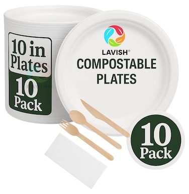 LAVISH Biodegradable 10-Inch Bagasse Plates with Wooden Cutlery   10-Pack Eco-Friendly Disposable Dinnerware Set for Hot &amp; Cold Food