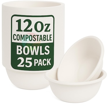 LAVISH Compostable 12Oz Paper Bowls [25-Pack] &ndash; Biodegradable Bagasse Disposable Bowls for Hot Soup, Cold Salads, Snacks, Ice Cream, Eco-Friendly