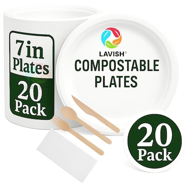 LAVISH Biodegradable 7-Inch Bagasse Plates with Wooden Cutlery   20-Pack Eco-Friendly Disposable Dinnerware Set for Hot &amp; Cold Food