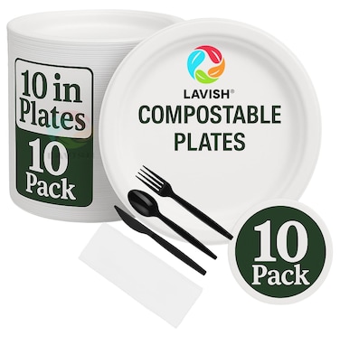 LAVISH Biodegradable 10-Inch Bagasse Plates with Plastic Cutlery   10-Pack Eco-Friendly Disposable Dinnerware Set for Hot &amp; Cold Food