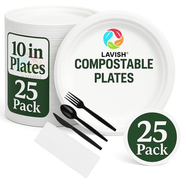 LAVISH Biodegradable 10-Inch Bagasse Plates with Plastic Cutlery   25-Pack Eco-Friendly Disposable Dinnerware Set for Hot &amp; Cold Food