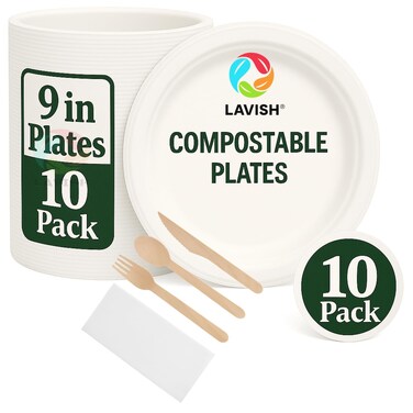 LAVISH Biodegradable -9 Inch Bagasse Plates with Wooden Cutlery   10-Pack Eco-Friendly Disposable Dinnerware Set for Hot &amp; Cold Food