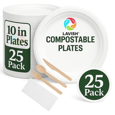 LAVISH Biodegradable 10-Inch Bagasse Plates with Wooden Cutlery   25-Pack Eco-Friendly Disposable Dinnerware Set for Hot &amp; Cold Food