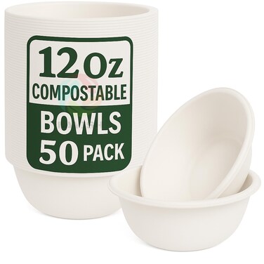 LAVISH Eco-Friendly Bagasse Paper Bowls 12Oz [50-Pack] &ndash; Compostable, Biodegradable, Heavy-Duty Bowls for Hot &amp; Cold Foods, Soup, Salad, Dessert
