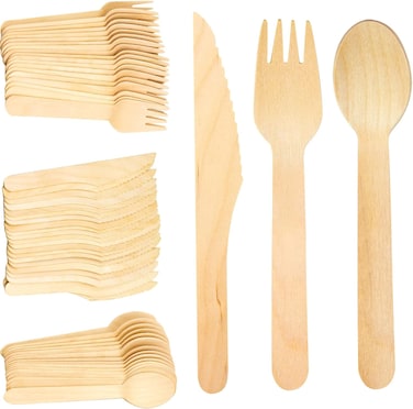 LAVISH 300 Pcs Wooden Cutlery Set Disposable Bamboo Cutlery Eco Friendly 100% All-Natural Birchwood Biodegradable for Picnic Party Celebrations - 100 Wooden Forks, 100 Wooden Knives, 100 Wooden Spoons